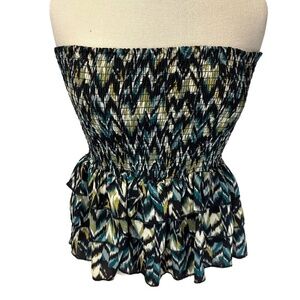 Olivaceous Womens M Tube Top Black Multi Smocked Ruffle Tiered Strapless Y2K
